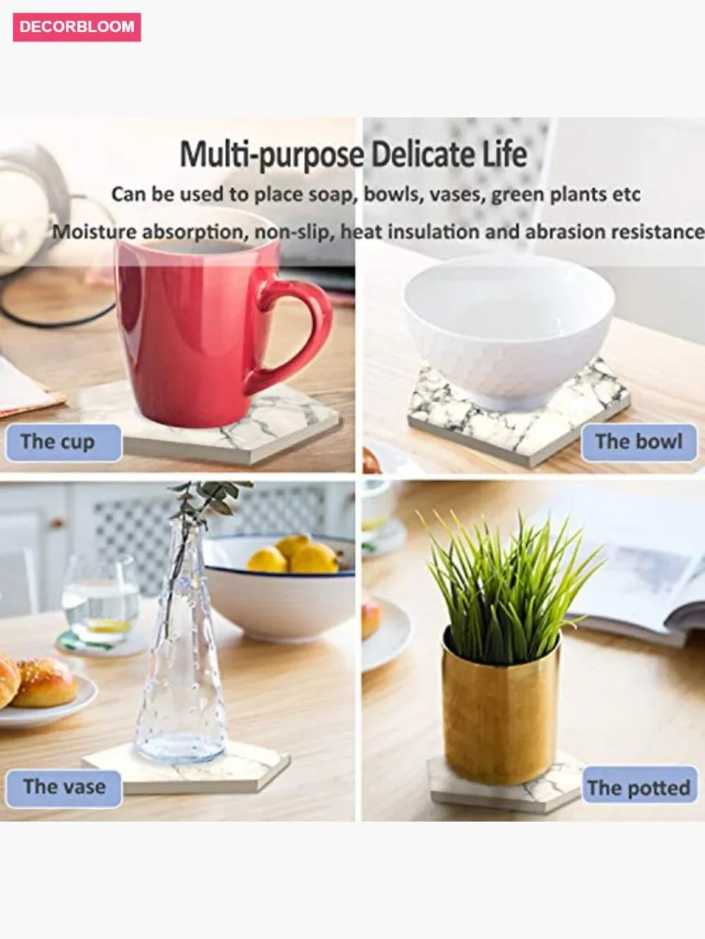 Ceramic Coaster Set of 8 with Metal Holder, Cork Base, Absorbent